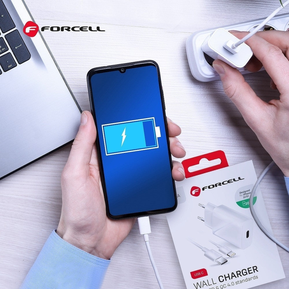 Forcell USB-C to Lightning Cable & Wall Adapter Λευκό (Travel Charger PD QC4.0)