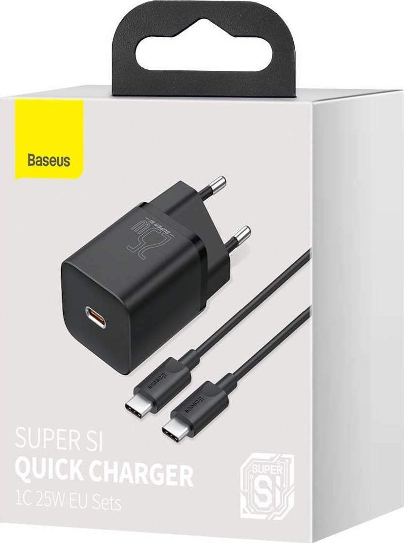 Baseus Φορτιστής με Θύρα USB-C και Καλώδιο USB-C 25W Μαύρος (Super Si)