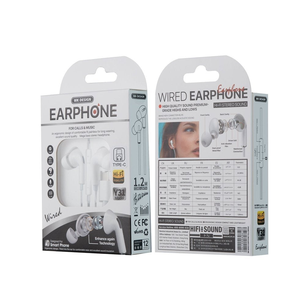 WK Y31 Lightning In-ear Handsfree με Βύσμα Lightning Λευκό