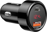 Baseus Φορτιστής Αυτοκινήτου Μαύρος Συνολικής Έντασης 6A Γρήγορης Φόρτισης με Θύρες: 1xUSB 1xType-C και Βολτόμετρο Μπαταρίας