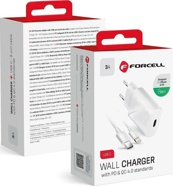 Forcell USB-C to Lightning Cable & Wall Adapter Λευκό (Travel Charger PD QC4.0)