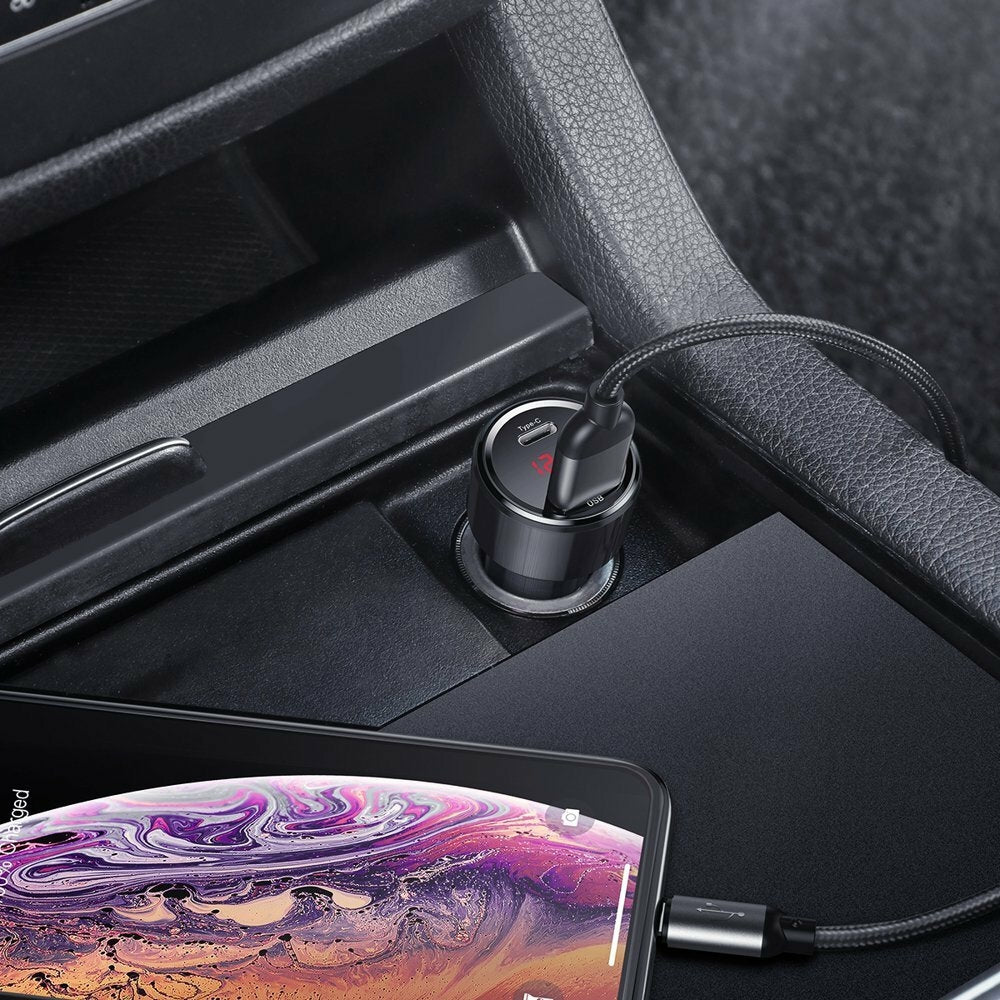 Baseus Φορτιστής Αυτοκινήτου Μαύρος Συνολικής Έντασης 6A Γρήγορης Φόρτισης με Θύρες: 1xUSB 1xType-C και Βολτόμετρο Μπαταρίας