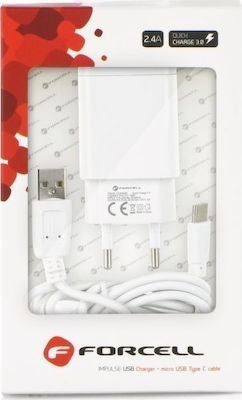 Forcell Φορτιστής με Θύρα USB-A και Καλώδιο USB-C 18W Quick Charge 3.0 Λευκός (5901737373304)