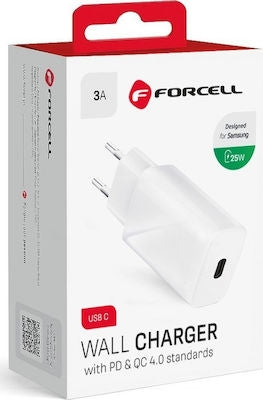 Forcell Φορτιστής Χωρίς Καλώδιο με Θύρα USB-C 25W Quick Charge 4.0 / Power Delivery Λευκός