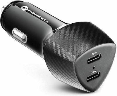 Forcell Φορτιστής Αυτοκινήτου Μαύρος Γρήγορης Φόρτισης με Θύρες: 2xType-C