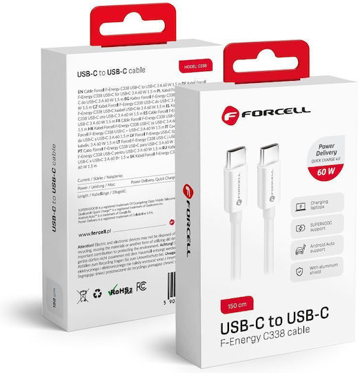 Forcell C338 USB 3.2 Cable USB-C male - USB-C 60W Λευκό 1.5m (593920)