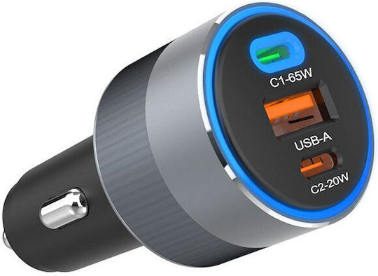 Forcell F-energy Φορτιστής Αυτοκινήτου 85W 3A Γρήγορης Φόρτισης με Θύρες: 1xUSB 2xType-C Γκρι Χρώμα